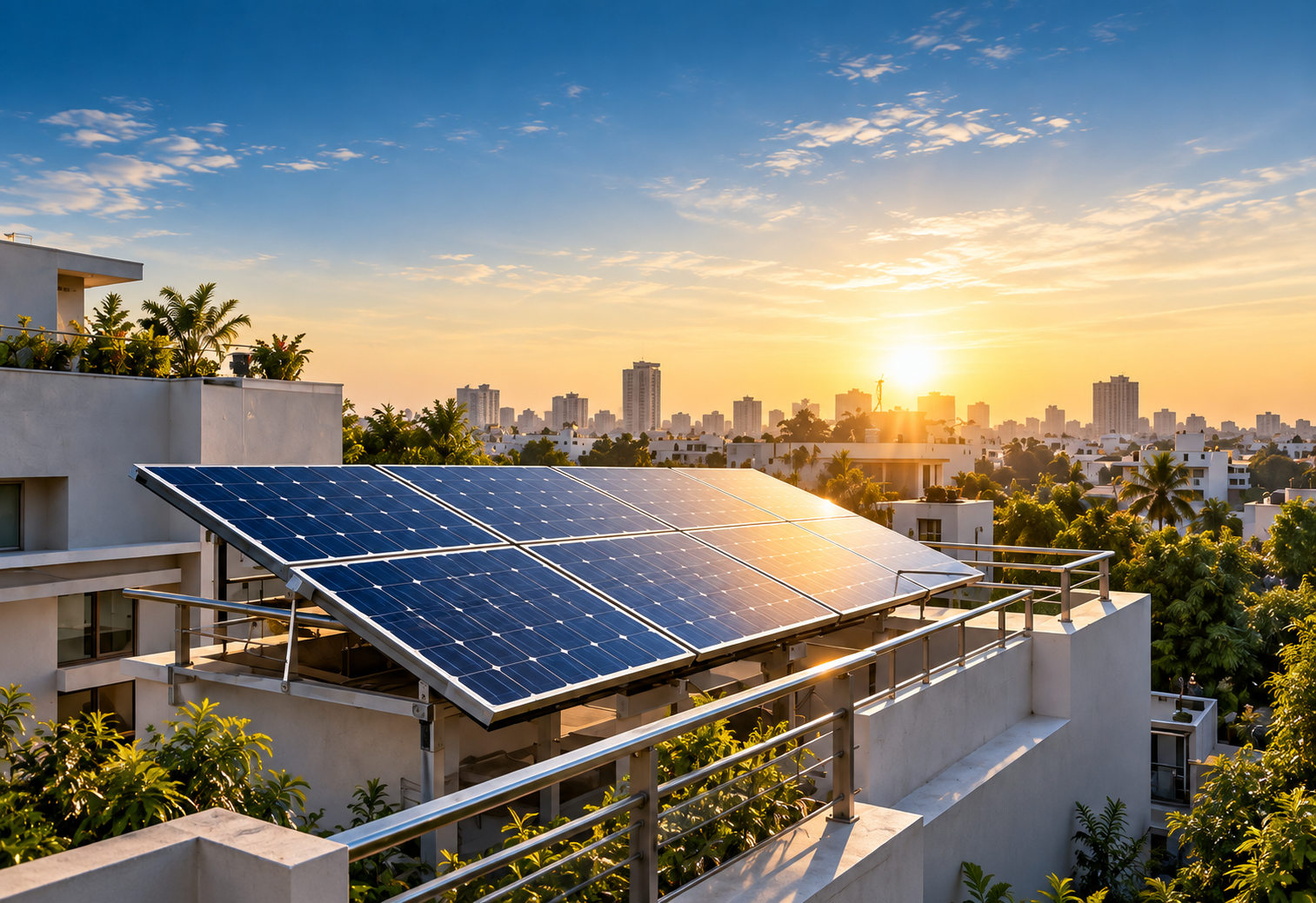 Rooftop solar panels installed on an Indian residential building